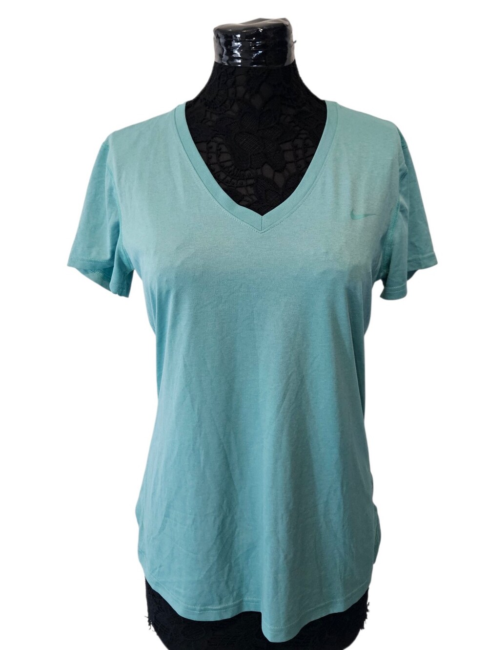 Nike Womens V-Neck T-Shirt Dri-Fit Short Sleeve Regular Fit Aqua Blue Large
